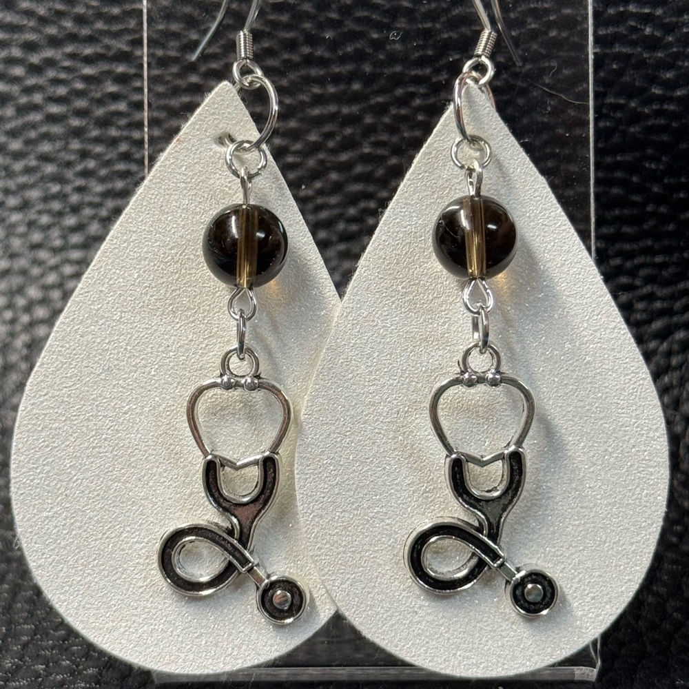 Handmade white suede faux leather earrings with stethoscopes